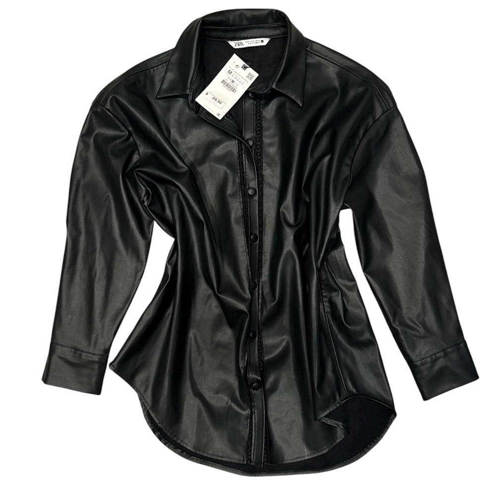 Zara Women's Faux-Leather Black Casual Button-Down Shirt